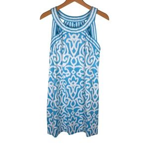 Gretchen Scott Isosceles Print Dress Womens S Blue White Sleeveless Strappy Ikat